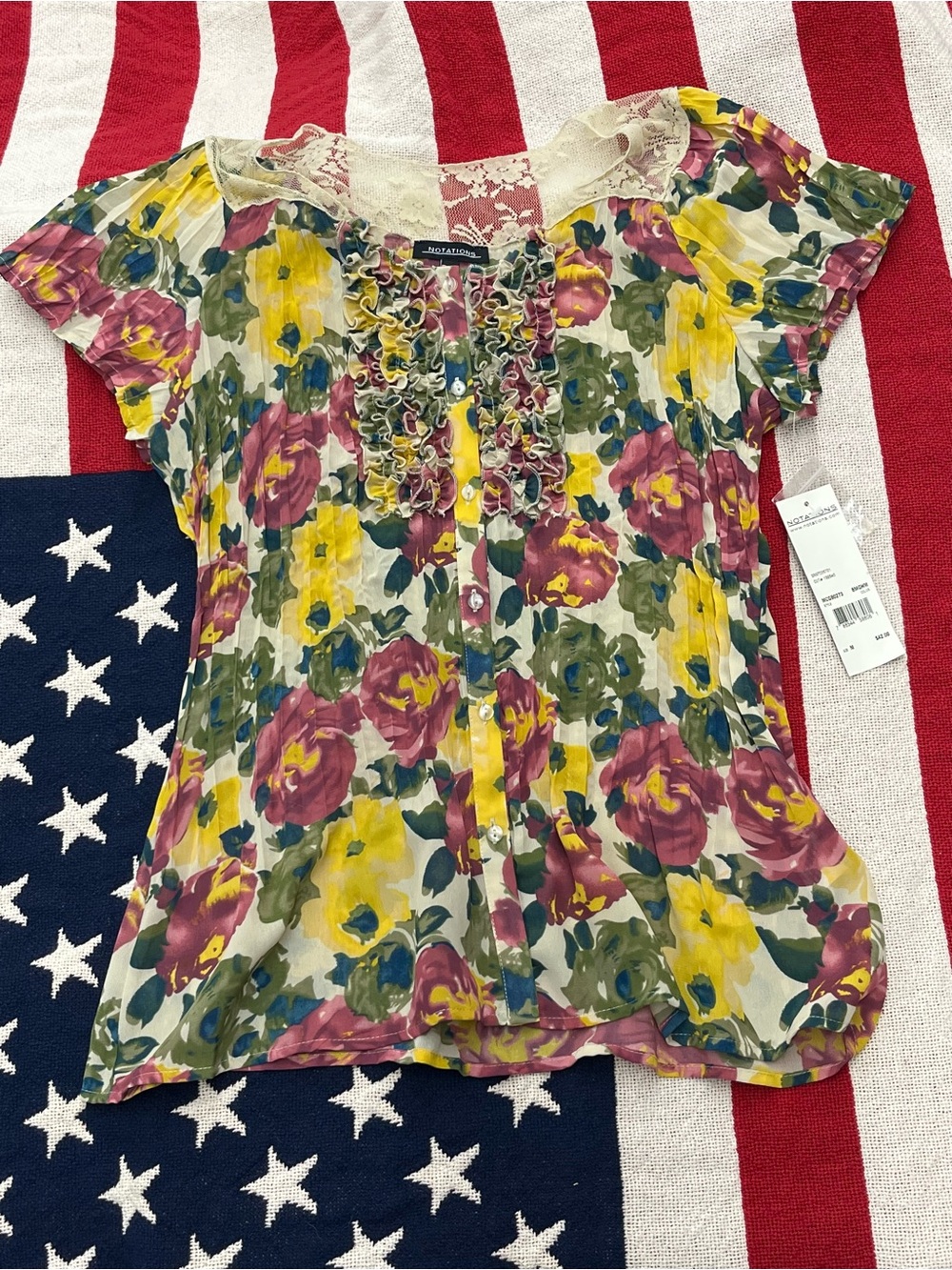 Notations Yellow Pink Green Floral Lace Ruffle Blouse Women’s Size Medium NWT
